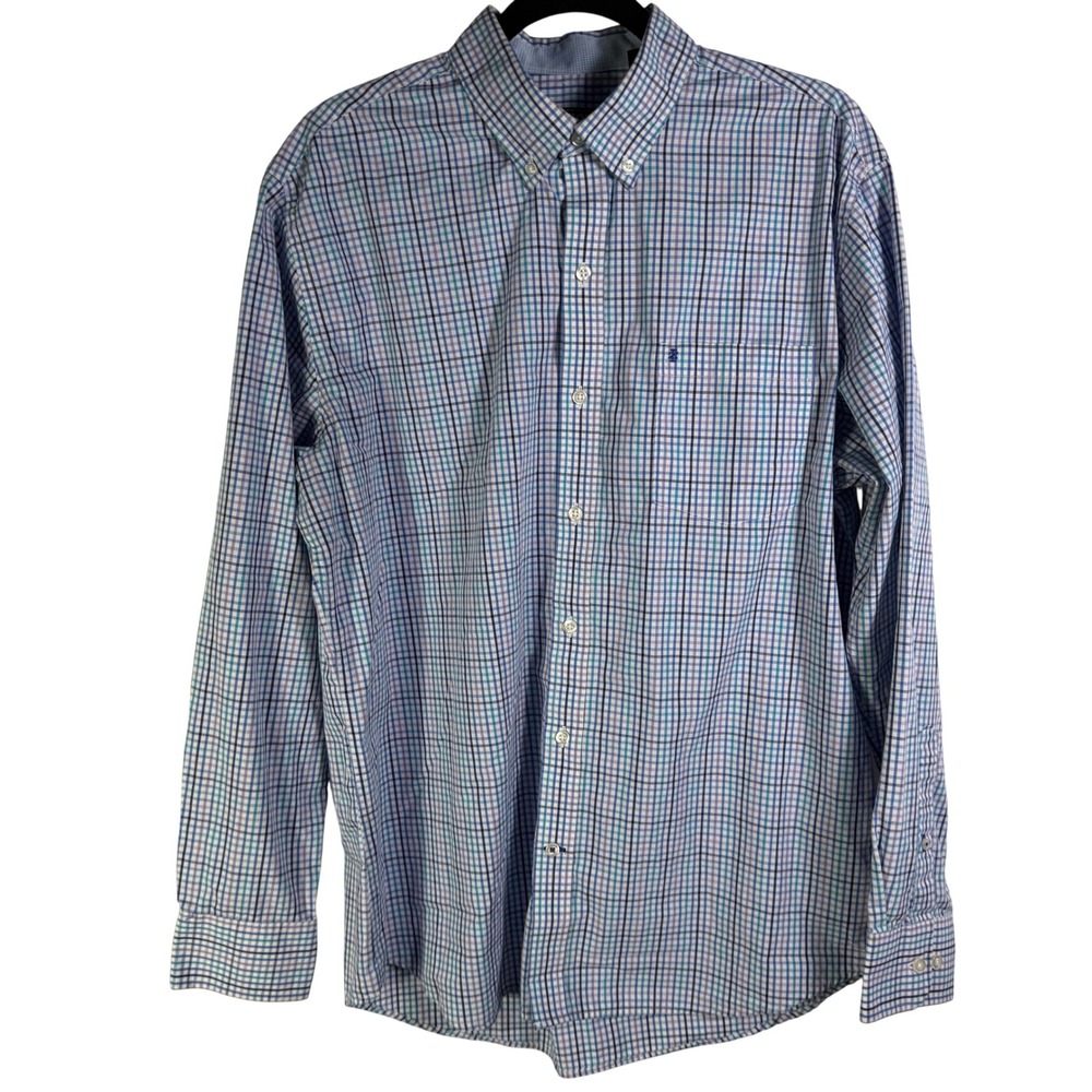IZOD Mens Blue Teal Purple Check Long Sleeve Button Down Shirt Large 45PW341